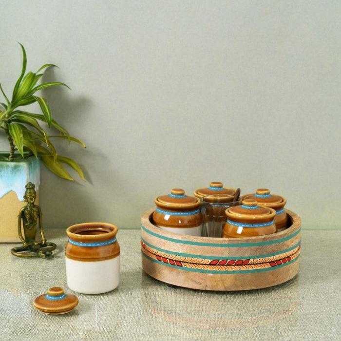 Containers & Jars |  Krithik Storage Jar With Tray (185 Ml) – Set Of Five Containers & Jars Brown