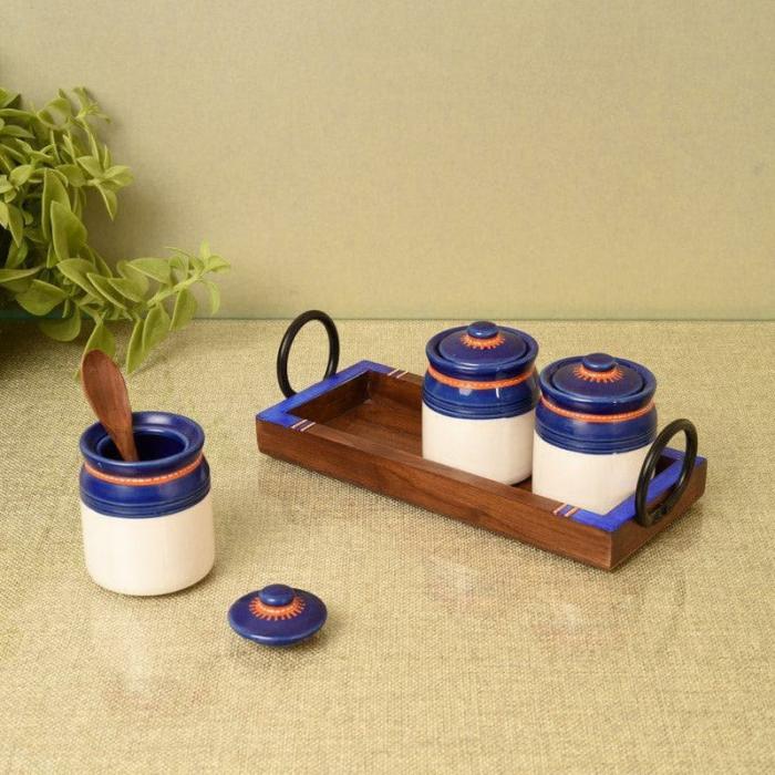 Containers & Jars |  Mycia Storage Jar With Tray (85 Ml) – Set Of Three Containers & Jars Blue, White