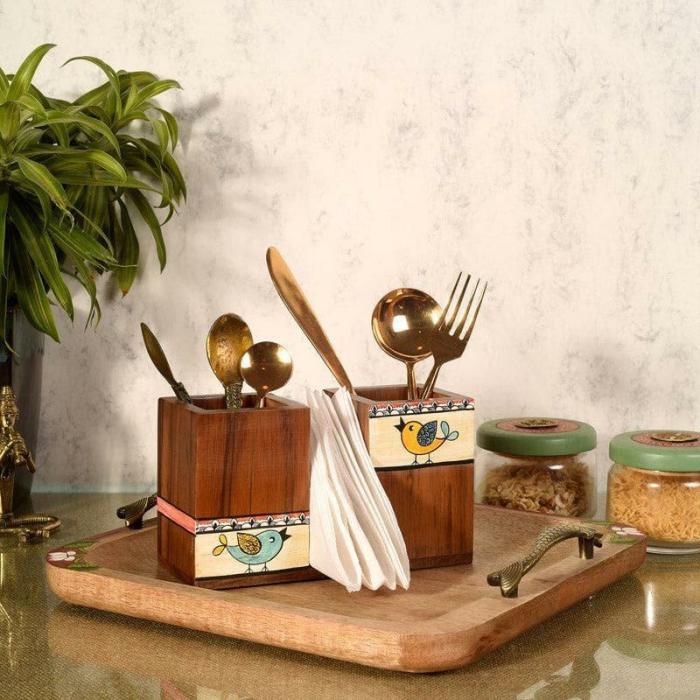 Cutlery Stand & Tissue Holder |  Chidiya Charm Cutlery Holder Cutlery Stand & Tissue Holder Brown