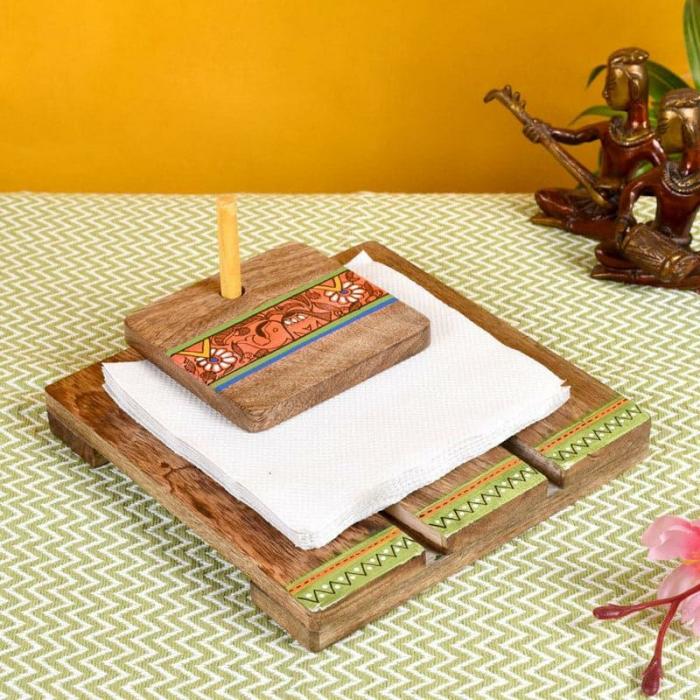 Cutlery Stand & Tissue Holder |  Gaana Tribal Tissue Holder Cutlery Stand & Tissue Holder Beige, Green