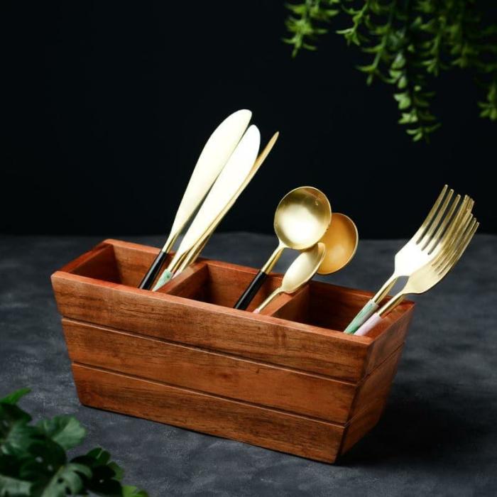 Cutlery Stand & Tissue Holder |  Juna Wooden Cutlery Holder Cutlery Stand & Tissue Holder Brown