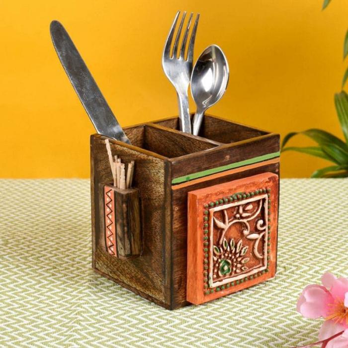 Cutlery Stand & Tissue Holder |  Kalamaa Tribal Cutlery Holder Cutlery Stand & Tissue Holder Brown