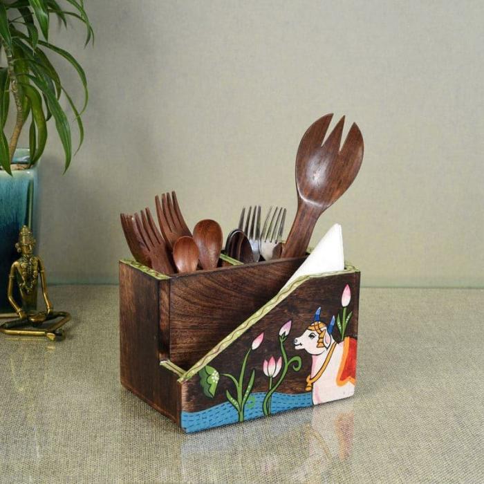 Cutlery Stand & Tissue Holder |  Pichhwai Shenu Cutlery Holder Cutlery Stand & Tissue Holder Brown