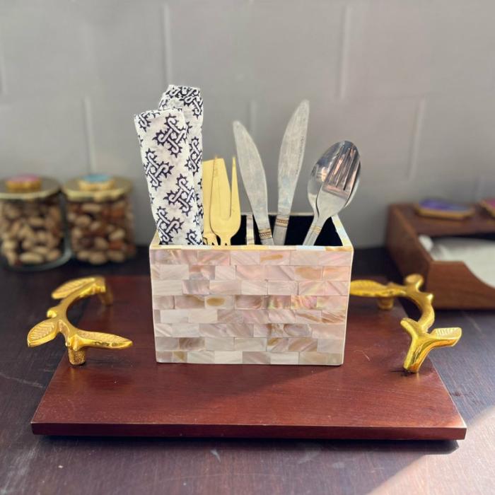 Cutlery Stand & Tissue Holder |  Suzzaine Handcrafted Mother Of Pearl Cutlery Holder Cutlery Stand & Tissue Holder Beige