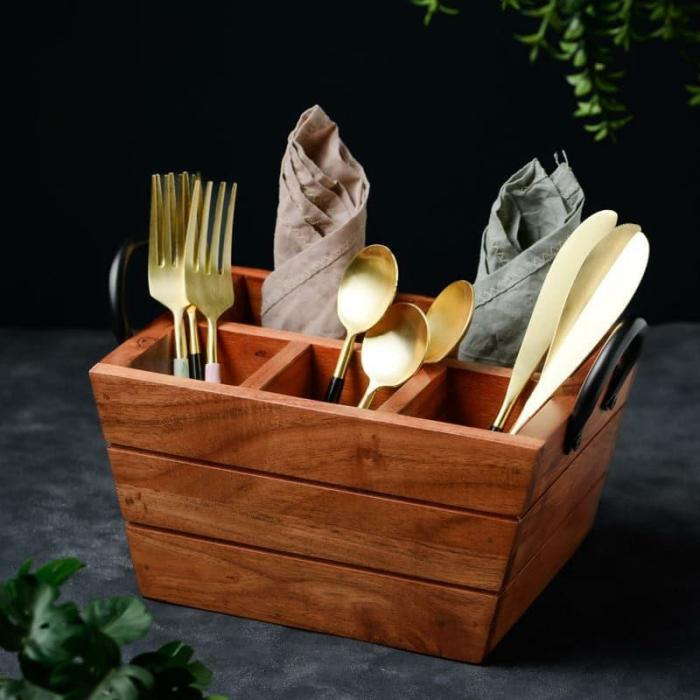 Cutlery Stand & Tissue Holder |  Veda Acacia Wood Cutlery Holder Cutlery Stand & Tissue Holder Brown