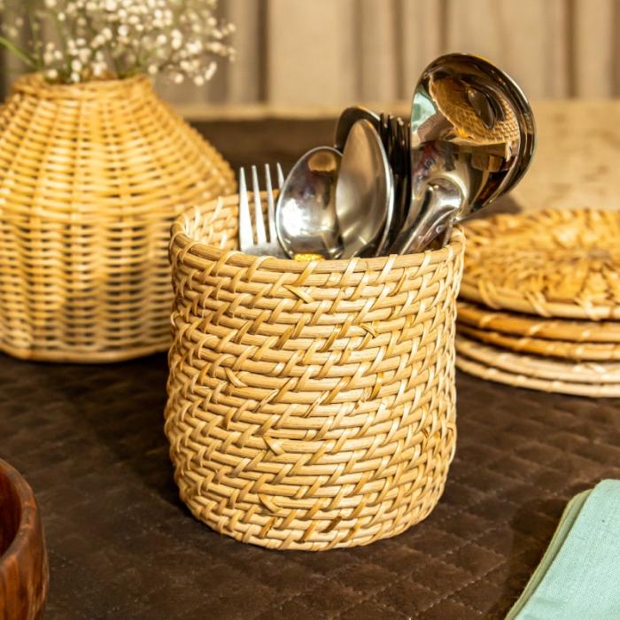 Cutlery Stand & Tissue Holder |  Vrita Rattan Cutlery Holder Cutlery Stand & Tissue Holder Beige