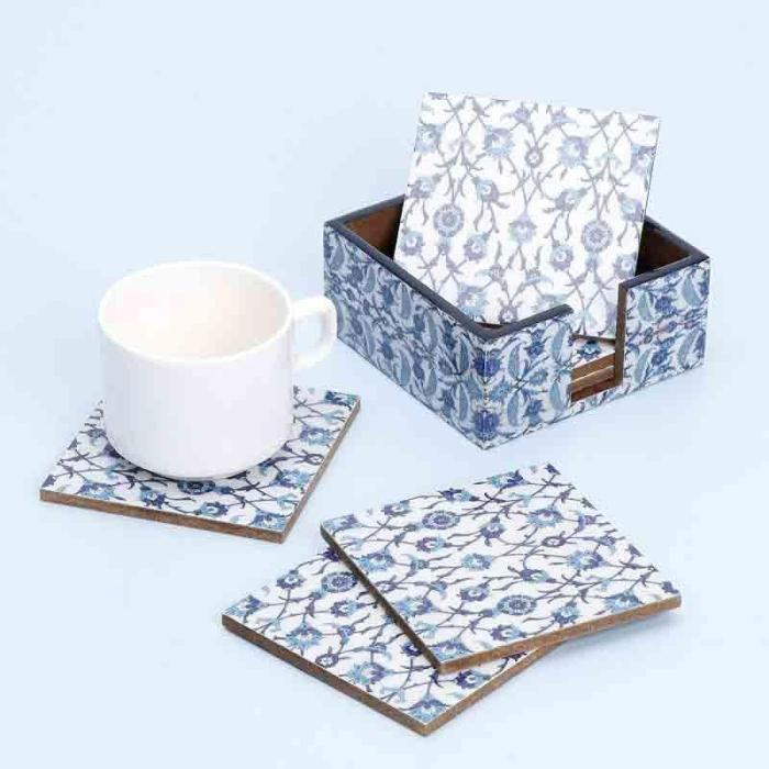 Table Coasters |  Indigo Florets Coasters – Set Of Four Kitchen Linens Blue, White