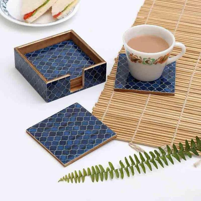 Table Coasters |  Ombre Checkered Coasters – Set Of Four Kitchen Linens Blue