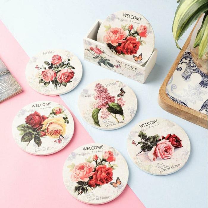 Table Coasters |  Rosa Blast Coaster – Set Of Six Kitchen Linens Table Coasters