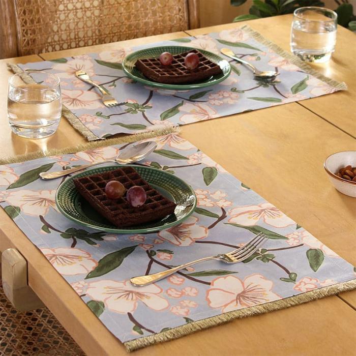 Table-Mats & Napkins |  Badamwari Gardenia Placemat – Set Of Two Kitchen Linens Blue