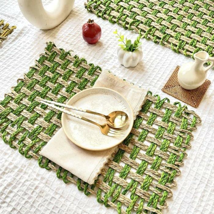 Table-Mats & Napkins |  Vira Natural Fiber Table Placemat – Set Of Two Kitchen Linens Green, Beige