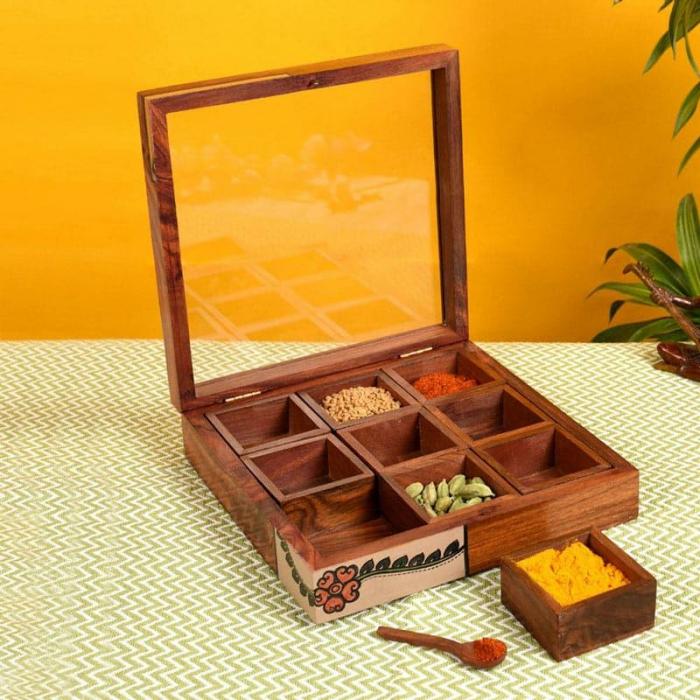 Tiffins & Masala Boxes |  Easham Spice Box Storage & Containers Brown