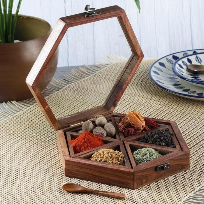 Tiffins & Masala Boxes |  Hexa Wooden Spice Box Storage & Containers Brown