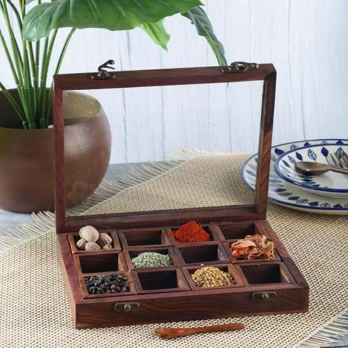 Tiffins & Masala Boxes |  Timeless Wooden Spice Box Storage & Containers Brown