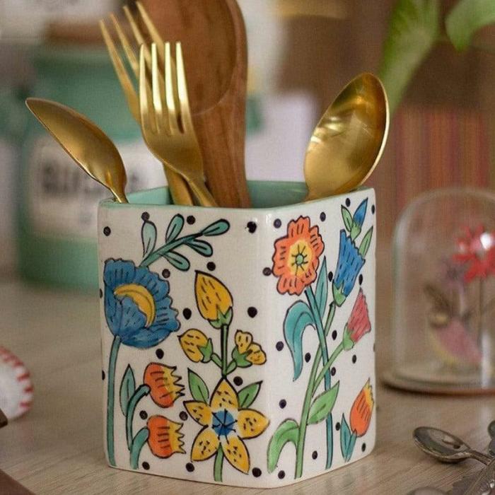 Cutlery Stand & Tissue Holder |  Kelly Handpainted Cutlery Holder Cutlery Stand & Tissue Holder Cutlery Stand & Tissue Holder