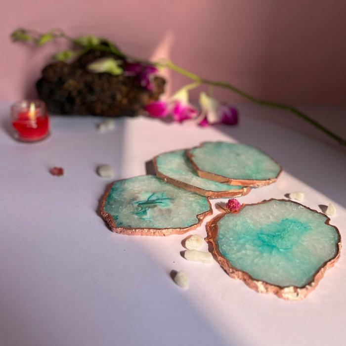 Table Coasters |  Suzzaine Handcrafted Crystal Agate Coaster – Set Of Four Kitchen Linens Green